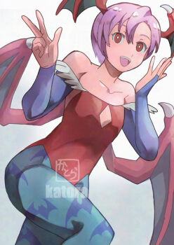 1girl animal_print arms_up asymmetrical_bangs bat_print blue_background blue_bridal_gauntlets blue_pantyhose bridal_gauntlets cleavage_cutout clothing_cutout collarbone commentary_request darkstalkers demon_girl demon_wings feet_out_of_frame gradient_background hair_between_eyes head_wings k_katora leotard lilith_(darkstalkers) looking_at_viewer open_mouth pantyhose pink_hair red_eyes red_leotard short_hair simple_background smile solo strapless strapless_leotard upper_body w watermark white_background wings