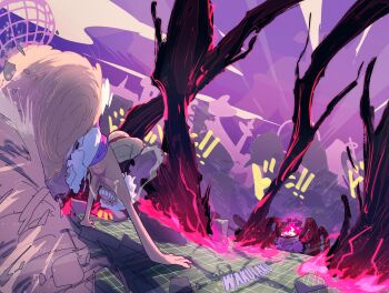 ! !! 2boys arthropod_boy artist_name beard black_fire facial_hair fire gear_fifth grin hat highres horns jaygarcia_saturn long_hair monkey_d._luffy multiple_boys one_piece purple_sash purple_sky sash scar scar_on_chest short_hair sky smile spider_boy straw_hat summoning taku_(aywakutakuay) topless_male white_hair