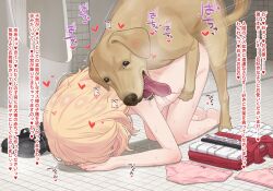 1girl barefoot bestiality black_shoes blonde_hair bow bow_panties bra commentary_request completely_nude dog doggystyle folded_clothes heart hetero idolmaster idolmaster_cinderella_girls indoors loli mary_janes neku_oneneko nude paid_reward_available panties pink_bra pink_panties sakurai_momoka sex sex_from_behind shoes short_hair solo sound_effects tile_floor tile_wall tiles toilet translated trembling underwear unworn_bra unworn_clothes unworn_panties unworn_shoes urinal variant_set