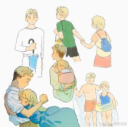 Rule 34 | 1boy, 1girl, aged down, baby, black pants, blonde hair, blue bag, blue dress, blue one-piece swimsuit, brother and sister, carrying, carrying person, child, chinese commentary, closed eyes, closed mouth, commentary request, contemporary, dress, dungeon meshi, falin touden, green shirt, hand up, highres, holding, holding hands, holding towel, holding umbrella, hug, innertube, laios touden, long hair, long sleeves, looking at viewer, male swimwear, mingdamitang, one-piece swimsuit, orange male swimwear, pants, shirt, short hair, short sleeves, siblings, simple background, swim ring, swim trunks, swimsuit, t-shirt, towel, umbrella, undercut, very short hair, weibo watermark, white background, white pants, white shirt, yellow eyes, yellow innertube, yellow shirt