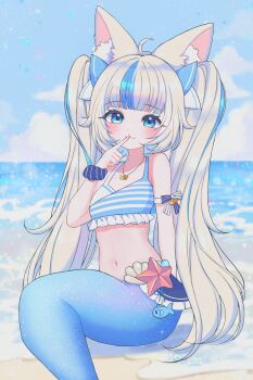 1girl absurdres ahoge beach bikini blue_hair blush closed_mouth commentary english_commentary eyebrows_hidden_by_hair finger_to_mouth flat_chest frilled_bikini frills highres indie_virtual_youtuber jewelry kaisin_ao long_hair mermaid monster_girl multicolored_hair navel necklace ocean sameko_saba scrunchie sitting smile solo stomach streaked_hair swimsuit twintails very_long_hair virtual_youtuber wrist_scrunchie