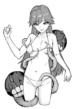 1girl arashio_(kancolle) bikini breasts commentary_request consensual_tentacles cropped_legs enemy_naval_mine_(kancolle) greyscale hand_up highres kantai_collection kirchoff long_hair looking_down medium_breasts monochrome navel simple_background standing string_bikini swimsuit tentacles tentacles_under_clothes white_background