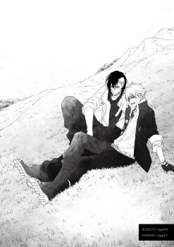 2boys absurdres boots boruto:_two_blue_vortex bracelet commentary_request earrings facial_mark fingerless_gloves gloves greyscale highres hill ikkiritsu jacket jewelry kawaki_(boruto) male_focus monochrome mountain multicolored_hair multiple_boys naruto_(series) open-toe_boots pants sitting sleeves_rolled_up smile stud_earrings two-tone_hair undercut uzumaki_boruto whisker_markings