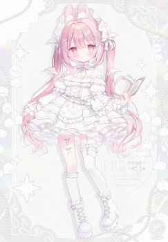 Rule 34 | 1girl, animal ear fluff, animal ears, asymmetrical legwear, bare shoulders, beads, belt, blush, book, boots, bow, breasts, brooch, center-flap bangs, collar, commentary request, cross, cross-laced clothes, cross necklace, detached wings, double-parted bangs, dress, fingernails, flower, frilled collar, frilled dress, frilled socks, frilled thigh strap, frills, full body, hair intakes, hair ornament, headdress, heart, highres, holding, holding book, jewelry, kneehighs, lace-up boots, latin cross, leg bow, lolita fashion, long hair, long sleeves, looking at viewer, necklace, off-shoulder dress, off shoulder, omochi monaka, open book, original, petticoat, pink eyes, pink hair, pink nails, platform boots, puffy long sleeves, puffy sleeves, rabbit ears, sidelocks, signature, sleeve bow, sleeves past wrists, small breasts, socks, solo, standing, stuffed animal, stuffed rabbit, stuffed toy, thigh strap, twintails, twitter username, very long hair, waist bow, watermark, white belt, white boots, white bow, white dress, white flower, white socks, wings, x hair ornament