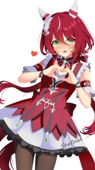 1girl absurdres animal_ears black_pantyhose blush bow breasts collarbone commentary detached_collar dress ear_covers ear_ornament english_commentary fang feather_hair_ornament feathers green_eyes hair_between_eyes hair_ornament heart heart_hands highres horse_ears horse_girl horse_tail long_hair looking_at_viewer low_twintails open_mouth pantyhose red_bow red_dress red_hair simple_background skin_fang sleeveless sleeveless_dress small_breasts smile solo stefinat sweatdrop tail twintails umamusume white_background win_variation_(dramatic_tutu)_(umamusume) win_variation_(umamusume)