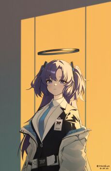 1girl absurdres black_halo black_jacket blue_archive blue_eyes blue_jacket blue_necktie closed_mouth collared_shirt commentary dated halo highres id_card jacket light_blush long_hair looking_at_viewer mechanical_halo multicolored_jacket necktie off_shoulder partially_open_jacket purple_hair shirt short_twintails solo starelium twintails twitter_username two-tone_jacket upper_body white_jacket white_shirt yuuka_(blue_archive)