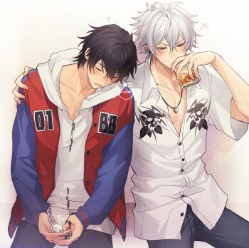 2boys adam's_apple ahoge alcohol antenna_hair aohitsugi_samatoki barbell_piercing black_hair blue_jacket blue_pants blush captive_bead_ring choppy_bangs closed_eyes collarbone collared_shirt cowboy_shot cup denim drinking drooling drunk ear_piercing earrings fingernails hair_between_eyes half-closed_eyes hand_on_another's_shoulder hand_up head_on_another's_shoulder highres holding holding_cup hood hoodie hypnosis_mic ice ice_cube industrial_piercing jacket jacket_over_hoodie jeans jewelry leaning_on_person letterman_jacket male_focus mole mole_under_eye mouth_drool multicolored_jacket multiple_boys multiple_piercings open_clothes open_jacket orang_333 pants partially_unbuttoned piercing piercing_hole red_eyes red_jacket shirt short_hair short_sleeves side-by-side skull_print sleeping sleeping_on_person sleeping_upright squeans stud_earrings thumb_ring triangle_necklace two-tone_jacket v-shaped_eyebrows watermark white_background white_hair white_hoodie white_shirt yamada_ichiro yaoi