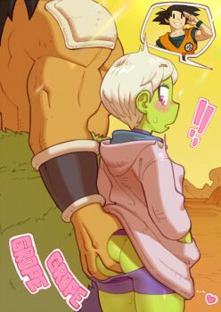 1girl 2boys alien ass ass_grab assisted_exposure biceps blush broly_(dragon_ball_super) cheelai clothes_pull coat colored_skin cowboy_shot darkbot deep_skin dragon_ball dragon_ball_super dragon_ball_super_broly from_behind green_skin groping hands_in_pockets head_out_of_frame heart highres hood hood_down interspecies multiple_boys muscular muscular_male purple_eyes short_hair shorts shorts_pull silver_hair size_difference son_goku speech_bubble spoken_character standing stealth_ass_grab surprised sweatdrop