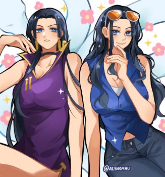 2girls alynomali black_hair blue_eyes blue_vest boa_hancock commentary dress earrings eyewear_on_head flower high_collar highres jewelry long_hair looking_at_viewer multiple_girls nico_robin one_piece orange-tinted_eyewear parted_lips pink_flower side_slit sidelocks sleeveless sleeveless_dress smile snake_earrings sparkle tinted_eyewear twitter_username vest