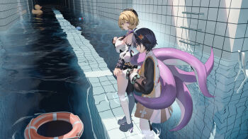 2girls absurdres angel_no_shousou belle_(delicate_sunlight)_(zenless_zone_zero) belle_(zenless_zone_zero) black_hair blonde_hair blue_eyes breasts chinese_commentary commentary_request highres large_breasts liminal_space monster_girl multicolored_hair multiple_girls pool scylla short_hair standing tentacles two-tone_hair yidhari_murphy zenless_zone_zero