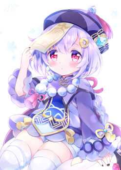 1girl bead_necklace beads black_nails braid chiika_(cure_cherish) genshin_impact hat highres jewelry light_purple_hair long_sleeves nail_polish necklace open_mouth pink_eyes qiqi_(genshin_impact) snowflakes socks solo tassel thighhighs white_background white_socks