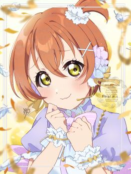 1girl absurdres balloon birthday blush commentary confetti feathers highres hoshizora_rin kyaku_tasu looking_at_viewer love_live! love_live!_school_idol_project orange_hair short_hair signature solo twitter_username upper_body watermark white_feathers yellow_background yellow_eyes