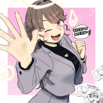 1girl 524ryo ;d arm_up black_sweater border brown_hair clenched_hand commentary_request drawn_wings earrings formal_clothes fujishima_megumi fujishima_megumi_(post-graduation) grey_jacket grey_skirt hair_intakes halo heart heart_earrings heart_necklace hellomegu! highres jacket jewelry link!_like!_love_live! looking_at_viewer love_live! necklace one_eye_closed open_clothes open_hand open_jacket open_mouth outside_border pink_background pleated_skirt ponytail purple_eyes simple_background skirt skirt_suit smile solo speech_bubble suit suit_jacket sweater teeth traditional_halo turtleneck turtleneck_sweater virtual_youtuber white_border yellow_halo