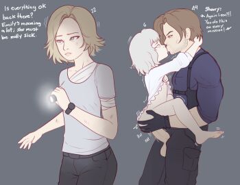 1boy 2girls absurdres age_difference bandaged_arm bandages blind brown_hair capcom clothes_lift dress dress_lift emily_(resident_evil) english_text erection feet flat_chest gloves grace_ashcroft grey_hair hardyboy highres kiss leon_s._kennedy loli medium_hair multiple_girls nipples pants penis resident_evil resident_evil_requiem sex shirt short_hair stealth_sex testicles thighs toes
