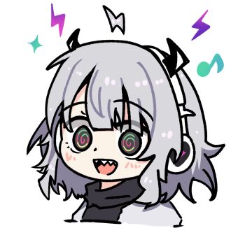 1girl @_@ black_eyes black_sweater commentary_request cropped_torso dot_nose headphones heart highres horned_headphones horns jacket korean_commentary lightning looking_at_viewer musical_note open_clothes open_jacket open_mouth q-chan_(yunyun_denpa_syndrome) sephiroth422 sharp_teeth short_hair simple_background solo sparkle sweater teeth turtleneck turtleneck_sweater white_background white_hair white_jacket yunyun_denpa_syndrome