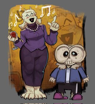 1boy 1girl ^_^ after_facesitting alternate_costume ben-day_dots closed_eyes corrupted_twitter_file cup deltarune drinking_glass drunk furry furry_female goat_girl heart heart_in_mouth height_difference highres index_finger_raised jewelry meme musical_note necklace open_mouth pearl_necklace sans_(undertale) screentones skeleton smile spine_apples squished_squidward_face_(meme) sweat toriel undertale utdr_(toby_fox) wine_glass