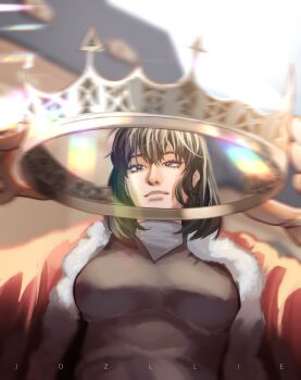 1girl absurdres black_eyes black_hair black_shirt bob_cut borrowed_character cape cowboy_shot crown from_below fur_trim han_sooyoung highres jozllie lens_flare looking_at_viewer omniscient_reader&#039;s_viewpoint pov red_cape shirt short_hair smile solo