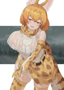 1girl absurdres animal_ears animal_print blonde_hair blush bow bowtie breasts commission elbow_gloves extra_ears gloves highres huge_breasts kemono_friends no_bra open_mouth parsley_(simonov1941) print_bow print_bowtie see-through_clothes serval_(kemono_friends) shirt short_hair skeb_commission skirt sleeveless sleeveless_shirt smile tail thighhighs wet wet_clothes wet_shirt wringing_clothes