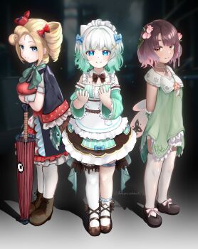 Rule 34 | 3girls, animal collar, animal ears, apron, aqua apron, aqua dress, aqua sleeves, arm cutout, arthropod girl, bee girl, bread bun, clothing cutout, cockroach girl, coke-bottle glasses, collar, cunnilingus, densetsu.exe, dimensionless88, dress, drill hair, ferret ears, ferret girl, ferret tail, fumo (doll), ghost girl, ghost hair ornament, glasses, gradient hair, green dress, green hair, green sleeves, hair ornament, heart keyhole panties, highres, implied cunnilingus, indie virtual youtuber, insect girl, karakasa obake, maid headdress, maze, mint fantome, mole, mole on ass, multicolored hair, multiple girls, neckerchief, oral, orange neckerchief, phoebe (vtuber), pink collar, polka dot, polka dot dress, side drill, tapir ears, triangular headpiece, two side up, umbrella, victoria roman, virtual youtuber, x hair ornament