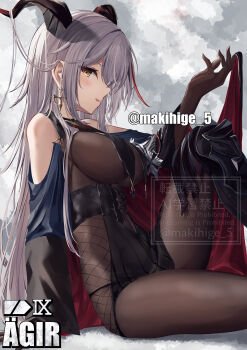 1girl absurdres aegir_(azur_lane) artist_name asymmetrical_footwear azur_lane backward-facing_horns bare_shoulders black_bodystocking black_dress black_horns blush bodystocking boots breast_curtains breasts character_name commentary_request cross cross_earrings dragon_girl dragon_horns dress earrings from_side gloves hair_between_eyes hair_on_horn hand_up highres horns iron_cross jewelry knee_boots large_breasts lifting_own_clothes long_hair looking_at_viewer looking_to_the_side makihige multicolored_hair open_mouth red_hair red_streaks simple_background single_knee_boot sitting solo streaked_hair thighs two-tone_hair uneven_footwear very_long_hair watermark white_hair world_of_warships yellow_eyes