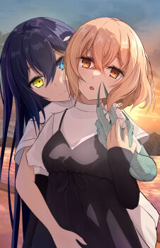 2girls absurdres black_dress blue_eyes brown_eyes brown_hair claws closed_mouth commentary_request dress featherripple heterochromia highres hug hug_from_behind long_hair multiple_girls ocean open_mouth oumi_shiori outdoors pinafore_dress purple_hair shirt short_hair sleeveless sleeveless_dress smile sunset watashi_wo_tabetai_hitodenashi white_shirt yaotose_hinako yellow_eyes yuri
