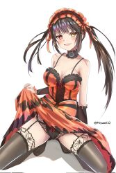 Rule 34 | 1girl, bare shoulders, black hair, blush, breasts, cleavage, clock eyes, date a live, dress, frilled dress, frills, full body, hairband, heterochromia, highres, lolita fashion, lolita hairband, looking at viewer, medium breasts, miyumilq, open mouth, red dress, red eyes, smile, solo, symbol-shaped pupils, thighhighs, tokisaki kurumi, twintails, two-tone dress, underwear, yellow eyes