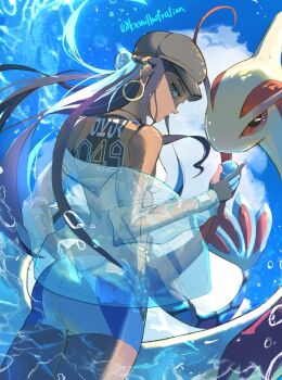 1girl bike_shorts black_hair bo_(bouillustration) closed_mouth cloud commentary_request day dive_ball earclip earrings eyelashes gen_3_pokemon gloves hat highres holding holding_poke_ball hoop_earrings jacket jewelry long_hair looking_back milotic nessa_(pokemon) nintendo outdoors partially_fingerless_gloves poke_ball pokemon pokemon_(creature) pokemon_swsh see-through_clothes see-through_jacket sidelocks sky sports_bra water wristband
