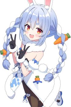 1girl :d absurdres animal_ear_fluff animal_ears bare_shoulders black_pantyhose blue_hair blush bow carrot_hair_ornament commentary_request cowboy_shot detached_sleeves don-chan_(usada_pekora) dot_nose double_v dress food-themed_hair_ornament fur-trimmed_gloves fur_trim gloves hair_between_eyes hair_bow hair_ornament hands_up highres hololive kaie leotard long_hair looking_at_viewer multicolored_hair open_mouth pantyhose rabbit_ears rabbit_girl rabbit_tail red_eyes shoes short_sleeves sidelocks simple_background smile solo strapless strapless_dress strapless_leotard tail thick_eyebrows two-tone_hair usada_pekora usada_pekora_(1st_costume) v virtual_youtuber white_background white_bow white_hair white_shoes white_sleeves
