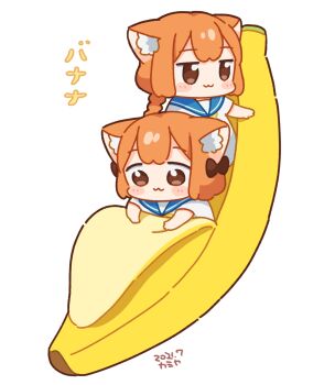 2girls :3 animal_ear_fluff animal_ears artist_name banana blue_sailor_collar blush_stickers brown_eyes cat_ears cat_girl chibi chibi_only closed_mouth commentary_request dated double-parted_bangs food fruit fujisawa_kamiya full_body highres in_food jitome multiple_girls orange_hair original sailor_collar school_uniform serafuku shirt short_hair short_sleeves simple_background tsurime white_background white_shirt