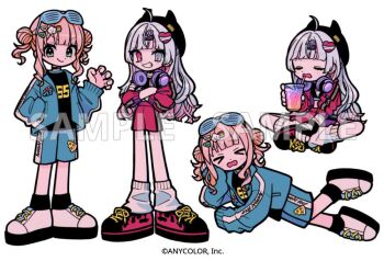 &gt;_&lt; 2girls ahoge aqua-framed_eyewear aqua_jacket aqua_shorts black_choker black_eyes black_hat black_shirt black_shoes black_socks blonde_hair blunt_bangs choker claw_pose closed_eyes closed_mouth clothes_writing commentary_request copyright_notice crossed_arms cup deformed dot_nose double_bun drinking_straw elbow_rest eyewear_on_head flame_print gradient_hair green_eyes grey_eyes grey_hair grin hair_bun hair_ornament hand_in_pocket hand_on_own_cheek hand_on_own_face hand_on_own_foot hand_up hat head_rest headphones headphones_around_neck heart heart_hair_ornament heterochromia holding holding_cup horned_hat indian_style ishigami_nozomi jacket kaburaki_roco large_feet looking_at_viewer lying mi-mi-o multicolored_eyes multicolored_hair multiple_girls multiple_hair_clips multiple_views nijisanji official_alternate_costume official_art on_side open_clothes open_jacket open_mouth peanut_mouth pink_hair print_shoes raised_inner_eyebrows red_eyes red_jacket red_shorts sample_watermark shirt shoes shorts shutter_shades sidelocks simple_background sitting smile socks standing thick_outlines two-tone_eyes virtual_youtuber watermark white_background white_shoes white_socks