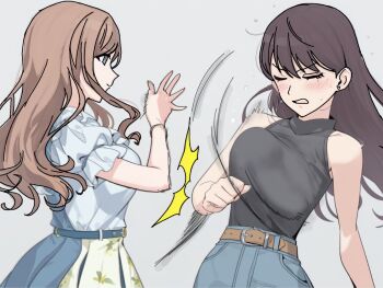 2girls bang_dream! bang_dream!_it&#039;s_mygo!!!!! belt blue_eyes blush bracelet breasts brown_hair frilled_shirt frills highres jewelry long_hair medium_breasts motion_lines multiple_girls nagasaki_soyo shiina_taki shirt slapping_breasts sleeveless sleeveless_turtleneck turtleneck white_shirt wtsino yuri