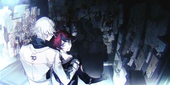 2boys absurdres aizendai aotsuki_eito black_gloves black_hair black_jacket blood blue_eyes chinese_commentary clenched_teeth commentary_request gloves hand_on_another&#039;s_shoulder highres hood hood_down jacket long_sleeves male_focus multicolored_hair multiple_boys papers red_hair short_hair sleeves_rolled_up streaked_hair sumino_takumi sweat teeth the_hundred_line_-last_defense_academy- too_many_papers two-tone_hair watermark white_hair white_jacket