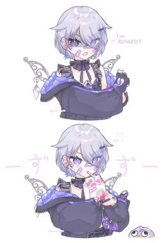 1girl absurdres bandaid bandaid_on_cheek bandaid_on_face bandaid_on_nose blush chest_jewel choker commentary drink_carton drinking ear_piercing fingerless_gloves gem gloves highres hololive hololive_english jacket koseki_bijou koseki_bijou_(casual) milk milk_carton official_alternate_costume official_alternate_hair_length official_alternate_hairstyle one_eye_covered pebble_(koseki_bijou) piercing purple_eyes purple_gemstone two-sided_fabric two-sided_jacket virtual_youtuber yamiescupid