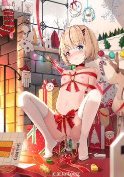 1girl arms_behind_back bdsm blonde_hair blush bondage bound box breasts christmas christmas_stocking fireplace gift gift_box green_eyes hair_ornament heterochromia highres leash liclac loli navel nipples nude original pussy_juice red_eyes ribbon ribbon_bondage sex_toy shibari short_hair slave small_breasts solo squatting thighhighs vibrator