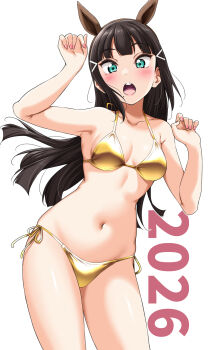 1girl 2026 :o absurdres animal_ears armpits arms_up bikini black_hair blush breasts brown_hairband commentary_request fake_animal_ears gold_bikini green_eyes hair_ornament hairband highres horse_ears kurosawa_dia long_hair looking_at_viewer love_live! love_live!_sunshine!! medium_breasts mole mole_under_mouth navel open_mouth side-tie_bikini_bottom simple_background solo stomach swimsuit thighs white_background yopparai_oni