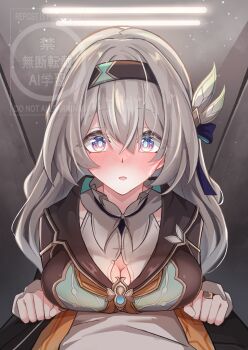 1girl absurdres aqua_pupils black_hairband blush breast_press breasts cleavage commentary_request firefly_(honkai:_star_rail) grey_hair hairband hibachaaa highres honkai:_star_rail honkai_(series) large_breasts long_hair looking_at_viewer parted_lips pov purple_eyes solo_focus watermark