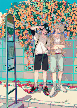2boys alternate_costume arm_up backpack bag bakugou_katsuki belt belt_buckle black_shorts blonde_hair blue_shorts blue_sky blush boku_no_hero_academia buckle bus_stop bus_stop_sign casual cel_shading check_flower chromatic_aberration closed_eyes clothing_request collarbone crossed_arms dark_green_hair day dot_nose drawstring eyebrows_hidden_by_hair film_grain flower flower_request freckles full_body grey_socks hair_between_eyes hand_up hands_up head_tilt highres holding_strap jacket lapels ligne_claire looking_at_viewer male_focus midoriya_izuku morning_glory multicolored_jacket multiple_boys notched_lapels open_clothes open_jacket open_mouth orange_flower outdoors paper petals pink_belt pink_lips print_jacket red_eyes red_footwear road_sign scar scar_on_arm scar_on_hand shade shading_eyes shadow shirt shirt_partially_tucked_in shoes short_hair short_sleeves shorts sidewalk sign sky sneakers socks souko_(floyd) spiked_hair standing sweat t-shirt two-tone_jacket v-shaped_eyebrows white_shirt