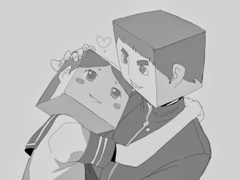 1boy 1girl block_head blush_stickers bow chipokan couple eye_contact greyscale hair_bow hand_on_another&#039;s_head heart hetero hug looking_at_another monochrome parted_lips school_uniform serafuku simple_background smile thick_eyebrows
