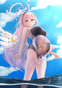1girl absurdres artist_name black_one-piece_swimsuit blue_archive blue_sky breasts chinese_commentary closed_mouth cloud commentary competition_school_swimsuit covered_navel day fetus halo highres large_breasts long_hair looking_at_viewer mika_(blue_archive) mixed-language_commentary on_water one-piece_swimsuit outdoors pink_hair pink_halo ponytail pregnancy_halo pregnant school_swimsuit sky smile solo swimsuit trinity_general_school_swimsuit white_wings wing_ornament wings x-ray yellow_eyes yuzuhara1017