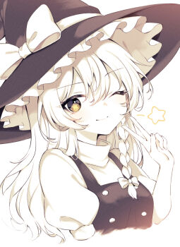 Rule 34 | 1girl, bow, braid, breasts, buttons, closed mouth, commentary request, dress, fingernails, frills, greyscale, hair between eyes, hair bow, hand up, hat, hat bow, highres, kirisame marisa, long hair, looking at viewer, medium breasts, monochrome, one eye closed, puffy short sleeves, puffy sleeves, short sleeves, single braid, smile, solo, star-shaped pupils, star (symbol), symbol-shaped pupils, tama (soon32281), touhou, turtleneck, turtleneck dress, upper body, v, vest, witch hat, yellow eyes