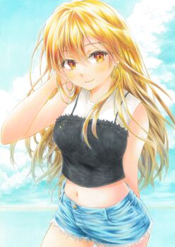 1girl absurdres black_shirt blonde_hair blue_shorts blush closed_mouth commentary_request cowboy_shot crop_top cropped_shirt day denim denim_shorts earrings hair_between_eyes hand_in_own_hair hand_up highres hoop_earrings jewelry long_hair looking_at_viewer marker_(medium) midriff navel orange_eyes original outdoors shirt short_shorts shorts smile solo standing traditional_media yukki59829
