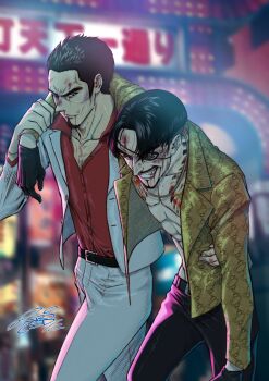 absurdres arm_over_shoulder black_gloves blood crazy_smile eyepatch formal_clothes gloves grey_suit highres kiryu_kazuma majima_goro mister_sd ryuu_ga_gotoku_(series) ryuu_ga_gotoku_1 signature smile suit tattoo