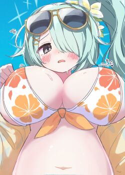 1girl aqua_hair bikini blue_archive blue_background breasts commentary_request denki_blanco eyewear_on_head floral_print floral_print_bikini flying_sweatdrops from_below grey_eyes hair_over_one_eye halo highres hiyori_(blue_archive) hiyori_(swimsuit)_(blue_archive) jacket large_breasts long_hair navel official_alternate_costume open_mouth print_bikini side_ponytail simple_background solo stomach sunglasses sweat swimsuit upper_body yellow-framed_eyewear yellow_jacket