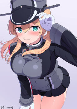 1girl anchor_necklace aqua_eyes black_skirt blonde_hair breasts cross gloves gradient_background grey_background hat highres iron_cross jewelry kantai_collection large_breasts leaning_forward long_hair looking_at_viewer low_twintails microskirt military_hat military_uniform necklace operation_crossroads peaked_cap pleated_skirt prinz_eugen_(kancolle) skirt solo thigh_gap tsukimoto_reiji twintails white_gloves