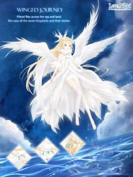 Rule 34 | 1girl, artist request, bare shoulders, bead bracelet, beads, bird wings, blonde hair, blue sky, bracelet, character name, circlet, close-up, cloud, copyright logo, detached sleeves, diamond (shape), dress, english text, feather-trimmed dress, feather hair ornament, feathered wings, feathers, fish, floating, flying fish, forehead, full body, fur-trimmed dress, fur scarf, fur sleeves, fur trim, hair ornament, halter dress, halterneck, jewelry, lace, lace thighhighs, logo, long dress, long hair, long sidelocks, miracle nikki, multiple wings, necklace, night, nikki (series), ocean, official art, outdoors, outline, ripples, scarf, short sleeves, sidelocks, sky, solo, spread wings, star (sky), starry sky, stirrup legwear, straight hair, thighhighs, third-party source, toeless legwear, toes, very long hair, water drop, white dress, white outline, white scarf, white sleeves, white thighhighs, white wings, winged journey (miracle nikki), wings