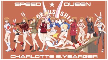 1girl aged_down animal_ears barefoot belt bikini black_dress black_pants black_pantyhose blue_eyes blue_skirt boots breasts brown_shoes charlotte_e._yeager commentary_request dress full_body grey_jacket hat helmet high_heels highres jacket jumping kaneko_(novram58) knee_pads large_breasts leotard long_hair looking_at_viewer lying military military_uniform multiple_views no_pants orange_hair pants pantyhose pink_bikini playboy_bunny pom_pom_(cheerleading) profile rabbit_ears rabbit_girl rabbit_tail red_bikini red_jacket roller_skates shirt shoes shorts sitting skates skirt standing strike_witches swimsuit tail white_belt white_boots white_leotard white_shirt white_shorts world_witches_series wrist_cuffs