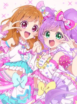 2girls :d ahoge aikatsu! aikatsu!_(series) aikatsu!_x_pripara_the_movie_-deai_no_kiseki!- blue_bow bow braid commentary_request cropped_shirt crossover crown_braid genre_connection green_eyes hair_bow heart highres idol_clothes layered_skirt long_hair looking_at_viewer manaka_laala midriff miniskirt multiple_girls nemakiyoru open_mouth orange_hair ozora_akari partial_commentary pink_bow pretty_series pripara purple_eyes purple_hair shirt skirt sleeveless sleeveless_shirt smile sparkle standing twintails v v_over_eye very_long_hair white_shirt yellow_bow
