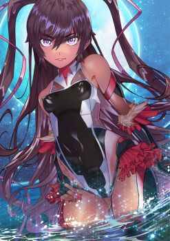 1girl absurdres arion_canvas bare_shoulders black_leotard bodysuit breasts brown_hair covered_erect_nipples covered_navel dark-skinned_female dark_skin elbow_gloves fishnets frilled_leotard frills gloves hair_ribbon highres impossible_clothes impossible_leotard leotard long_hair looking_at_viewer mizuki_yukikaze one-piece_tan purple_eyes ribbon showgirl_skirt skin_tight small_breasts smile solo taimanin_(series) taimanin_suit taimanin_yukikaze tan tanline thighhighs twintails very_long_hair