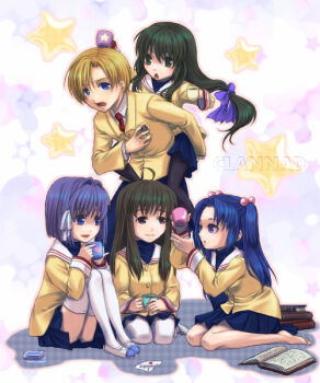 Rule 34 | 00s, 1boy, 4girls, barefoot, book, clannad, cup, fujibayashi ryou, ibuki fuuko, ichinose kotomi, miyazawa yukine, multiple girls, pantyhose, saiha, school uniform, sunohara youhei, teacup, thighhighs