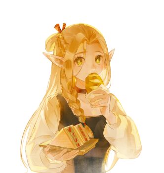 1girl absurdres blonde_hair braid bread chinese_commentary choker commentary_request curtained_hair dungeon_meshi eating elf er_(user_yhzm5478) fingernails food food_on_face forehead half_up_braid hands_up highres holding holding_tray loaf_of_bread long_hair long_sleeves looking_at_viewer marcille_donato offering_food pointy_ears red_choker sandwich side_braid sidelocks simple_background solo tray two-tone_shirt upper_body white_background yellow_eyes